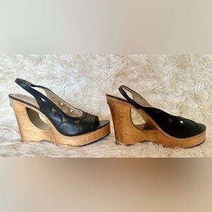 Vintage Michael Kors Black Leather Platform Wedges Size 10 – Cutout Wood Heel
